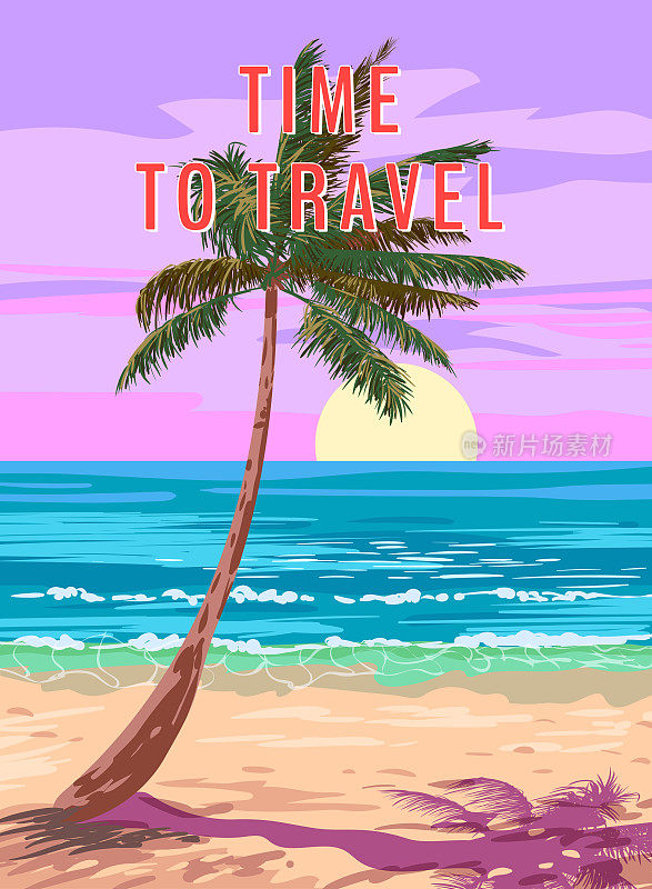 Palm To Travel复古海报。棕榈海滩，海岸，冲浪，海洋